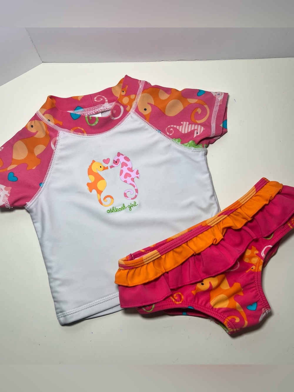 Vintage Y2k Oshkosh Bgosh Seahorse Baby Swimsuit Swim Skirt Rash Guard Beach